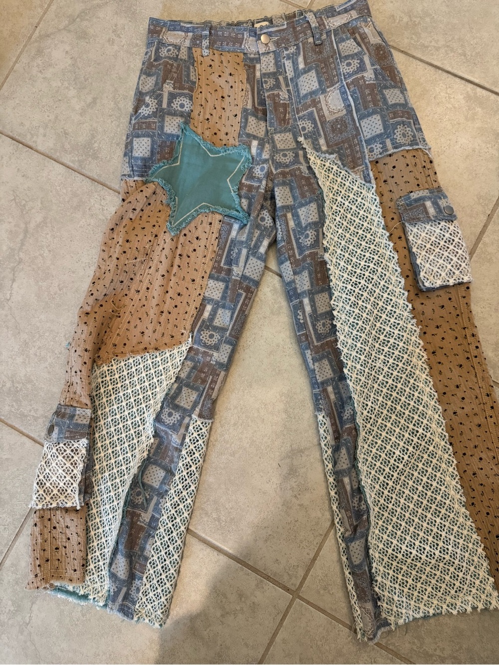 POL Blue and Cream Patchwork Denim pants